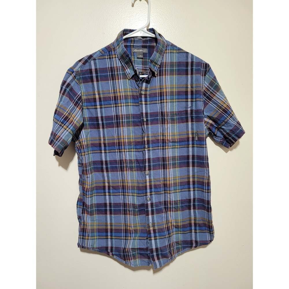 Eddie Bauer Button Down Shirt Mens Medium‎ Blue Plaid Short Sleeve